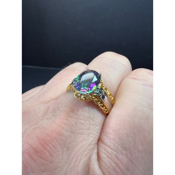 NEW green mystic topaz two toned sterling silver ring size 8 - Picture 3 of 16